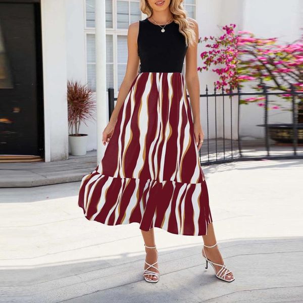 Vestidos informales de contraste Color Long Beach Style Sundress Ladies Vestidos Vestidos Mujer Spring Round Neck Women Vestido