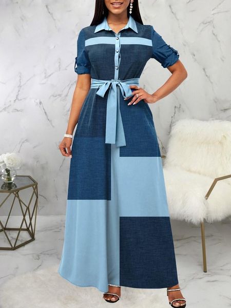 Vestidos casuales Contraste Color Patchwork Fit And Flare Maxi Vestido Mujer Turn Down Collar Manga corta Vestido Vintage Single Breasted Robe