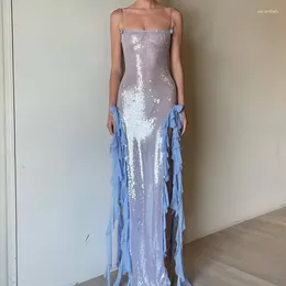Robes décontractées contraste fée longue robe 2024 Sequin Sequin 3D fleur épissant les deux côtés de la mode Fashion Women Spaghetti Strap Party