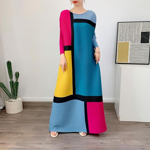 Vestidos casuales contraste plisado mujer 2023 vestido de verano suelto de gran tamaño geométrico Color a juego A-Line falda larga