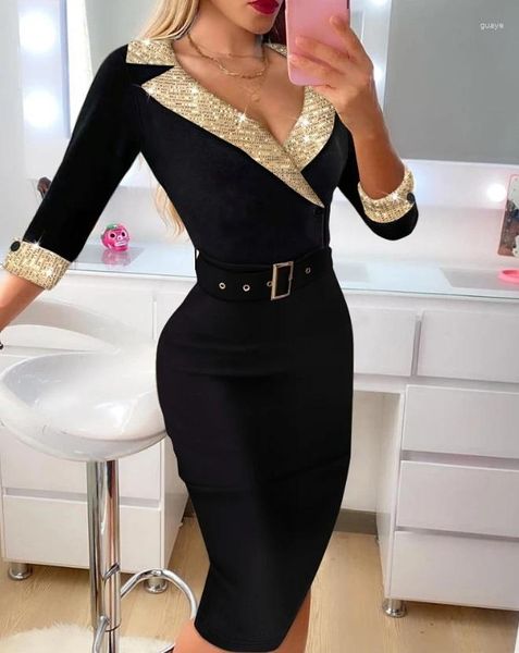 Vestidos casuales contraste lentejuelas ojales abrochados elegantes vestidos de carrocería para mujeres temperamento que desplaza la moda femenina midi delgada blazer