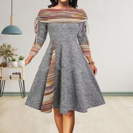 Robes décontractées Convertible Cinched Striped Flare Dress Foldover Off The Shoulder Knitted Women 2023 Long Sleeve