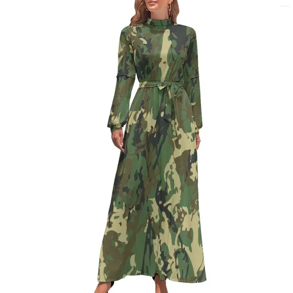 Robes décontractées Cool Militaire Camo Robe Camouflage Motif Streetwear Boho Beach Femme Manches Longues Taille Haute Moderne Maxi