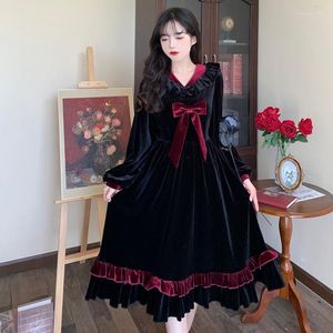 Robes décontractées COOLFEL Doux Arc Noël Fille Princesse Robe Automne/Hiver Velours Lolita Cosplay Noir