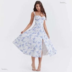 Casual jurken Korsetjurk Splitrok Strikje Borstruches Details Print Bloemen Midi-jurken Achterkant Veters Gewaad Kleding Lange zomerjurken voor dames 116