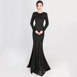Casual jurken Corzzet elegante damesmode zwarte lovertjes O-hals lange mouw zijsplit zeemeermin formele feestclubjurk