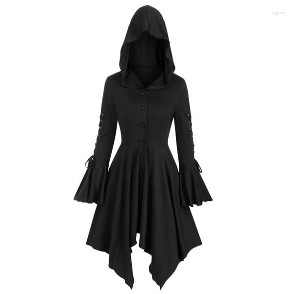 Vestidos casuales Cosplay Disfraces de Halloween góticos para mujeres Vestido de bruja Edad media Renacimiento Capa negra Ropa con capucha