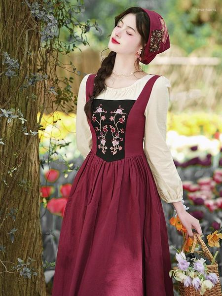 Vestidos casuales Cottagecore algodón vestido de lino mujer vintage pradera elegante diseño bordado floral suelto tamaño grande retro césped