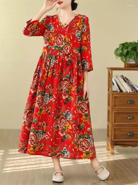 Vestidos casuales Algodón y lino Noreste Vestido de flores grandes Verano de las mujeres Retro Estilo chino Impreso Temperamento Tendencia Robe K166