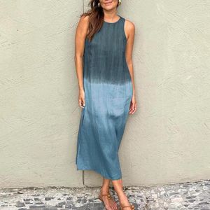 Casual jurken katoen en linnen mouwens feestjurk zomer o-neck losse strand lange vrouwen mode geleidelijke print split maxi