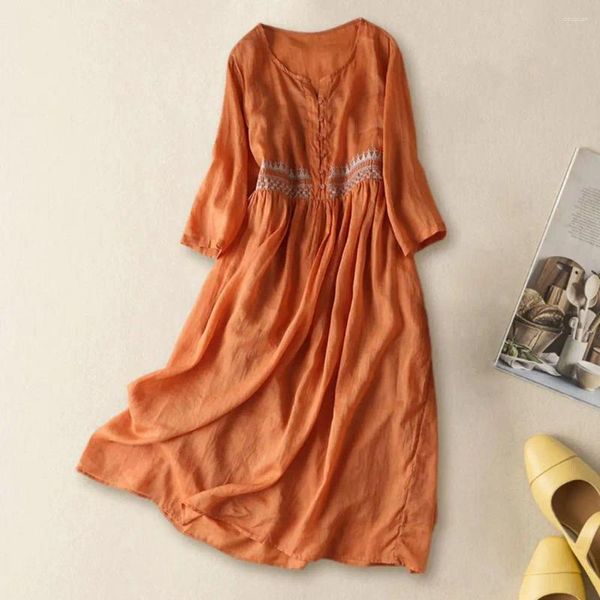 Vestidos informales Vestidos de algodón Fit suelto estilo étnico de verano bordado midi con cintura alta mangas largas para mujeres silueta de línea a