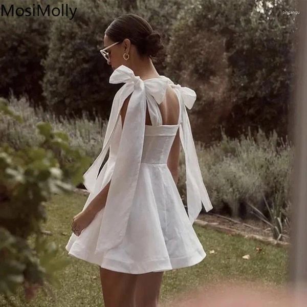 Robes décontractées Robe en coton Blanc Femmes Été Vacances Date Porter Mignon Bow Ruban Mini Style Français