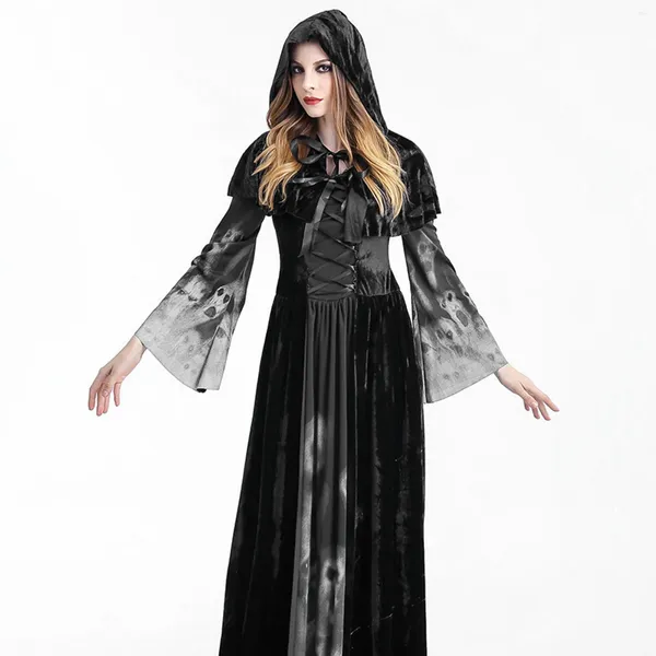 Vestidos casuales Algodón Halloween Cosplay Vestido Slim Fit Ladies Bodycon Maxi Gótico Estilo Tie Up Manga larga Traje de vacaciones