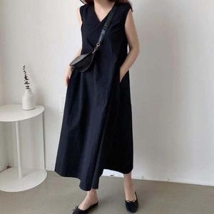 Casual jurken katoenen linnen jurk losse v-neck massieve kleur rug met een borte ontwerp mouwloos een swing Japan dames zomerscasual