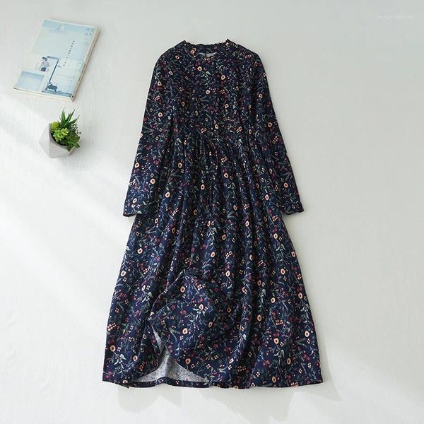 Vestidos informales Lino de algodón Floral Vestido de manga larga Versión coreana Fall Coreano del literario retro literario suelto yanqui sección larga dre