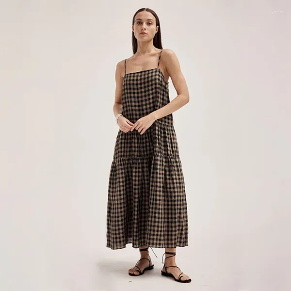 Robes décontractées coton lin long pour femmes rétro plaid sans manches dos nu été maxi robes de fiesta pedreria