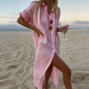 Robes décontractées Coton Lin Longue Chemise Robe Pour Femmes 2024 Été Pure Couleur À Manches Courtes Plage Femme Vêtements Y2K Robe Robe