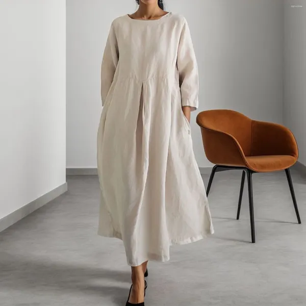 Robes décontractées Robe midi en lin de coton avec encolure ronde élégante couleur pure polyvalente longue plissée un style académique