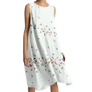 Robes décontractées coton lin surdimensionné robe de plage robe élégante imprimé papillon sans manches longue réservoir printemps été fête femme