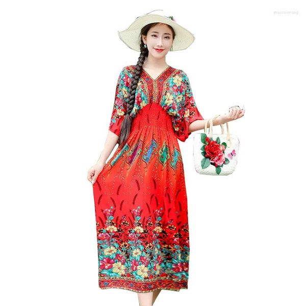 Robes décontractées coton soie robe femmes Style ethnique imprimé 2023 printemps été demi manches col en v lâche femme Mujer Vestidos