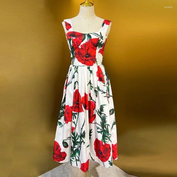 Robes décontractées Coton Femme Robe Rouge Fleur Oeillet Imprimer Halter Jarretelle Mode Piste Vacances Été 2023