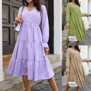 Robes décontractées coton femmes Simple col en V bouffée à manches longues Smock Maxi robes d'été pour l'été longueur au genou femmes mode