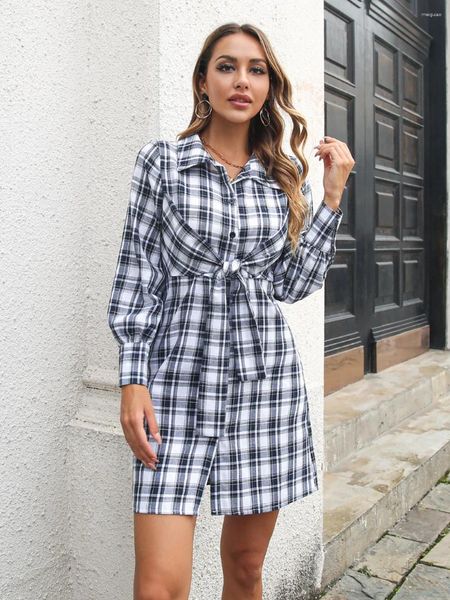 Robes décontractées Cozok 2024 INS Classic Plaid Sweet Mariffon Shirt Open Stitch Robe Young Office Lady Full Sleeve Style Brand