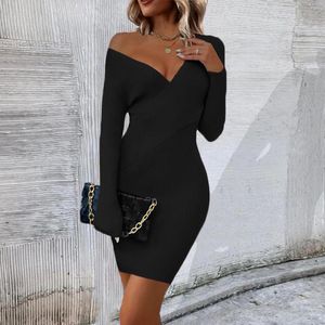 Casual Jurken COZOK Vrouwen Trui Jurk Sexy Open V-hals Lange Mouwen Elegante Slim Fit Kokerrok Breien Winter Pullover Maxi Tops