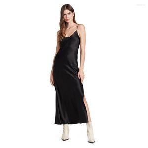 Robes Décontractées Crêpe Satin Soie Unie Style Français Dj Pure Tail Side Split Sling Dress Est Noir Et Mince