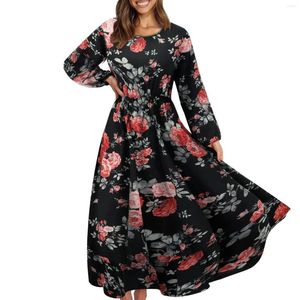 Robes décontractées Crewneck imprimé floral à manches longues maxi pour femmes 2024 tendance élastique taille haute volant ourlet fluide