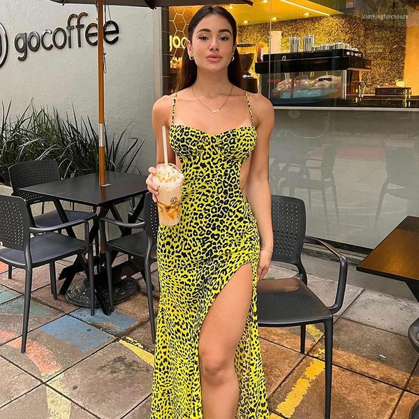 Vestidos casuales Criss Cross Backless Sexy Leopard Print Evening Party Club Maxi Split Dress Trajes Mujeres Elegante sin mangas Ropa de verano