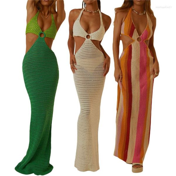 Robes décontractées Crochet Spaghetti Strap Maxi Pour Femmes Découpe Creux Robe Longue Moulante Sans Manches Dos Nu Slim Cocktail Party