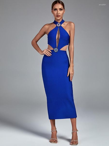 Vestidos casuales Crystal Celebrity Bandage Dress Mujeres Blue Bodycon Fiesta de noche Elegante Sexy Cut Out Midi Birthday Club Outfits Runway