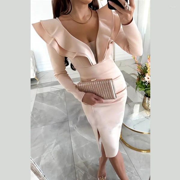 Robes décontractées en cristal divisé bodycon gaine sexy club femmes tenues à manches longues V mode couche élégant zipper vestidos femelles robes