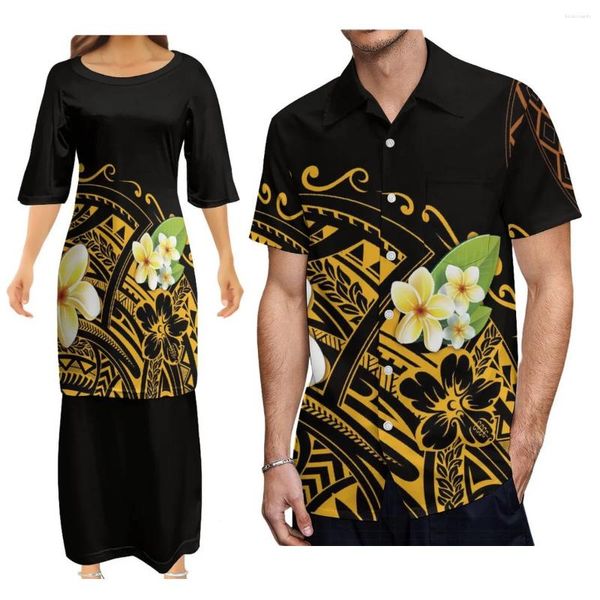 Vestidos casuales Diseño polinesio personalizado Vestido de pareja de dos piezas Samoa Puletasi para mujeres a juego Aloha Shirt Men