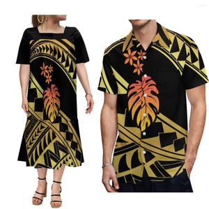 Vestidos casuales Conjunto de pareja de verano personalizado Conjunto de tribu polinesia vestido de mumu estampado para mujeres y camisa de bolsillo para hombres