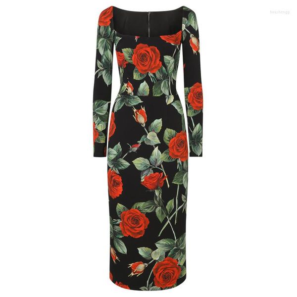 Robes décontractées personnaliser femmes automne grande taille 3XS-10XL rétro Vintage élégant Rose fleur imprimer manches longues robe crayon