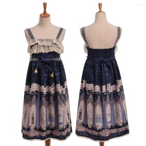 Vestidos casuales Lindo Negro Azul Rosa Niñas Lolita Vestido con tirantes Sin mangas Volantes Encaje Bowknot OP JSK Kwaii Fairy