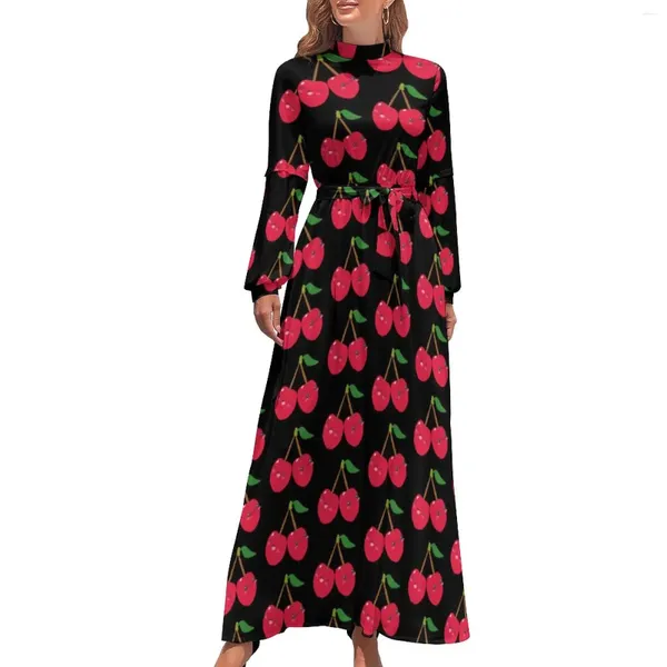 Robes décontractées Robe de fruit mignonne Col haut Kawaii Happy Cerises Boho Beach Manches longues Streetwear Maxi Vêtements élégants