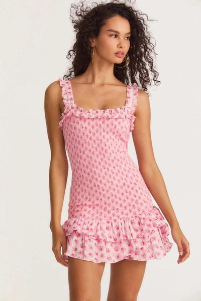 Vestidos casuales lindo algodón rosa floral con volantes verano vestido de fiesta en capas smocked corpiño sexy mujeres y2k vacaciones wear253r
