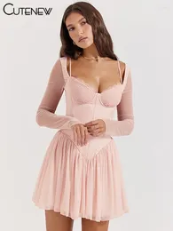 Robes décontractées Mini robe solide pour femmes mignonnes sexy à manches longues col en V rose à lacets mince maille minuit fête vestidos streetwear 2023