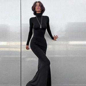 Casual jurken Cutenova Black Noble Simple Dress High Collar Lange Mouw Basic Fishtail Prom gelegenheid Slim Streetwear voor de herfst