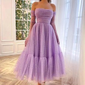 Casual jurken Cutubly glanzende baljurken voor vrouwen Formeel gezwollen elegant off-shoulder mesh maxi chic bruiloft paarse bruidsmeisjesjurk