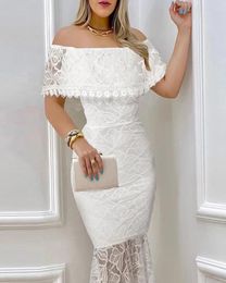 Vestidos informales de encaje blanco tortugamente vestido de fiesta de recorte de cuello de corte del hombro Mermaid para mujeres Vestidos del año elegante de fiesta