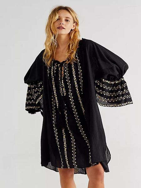 Vestidos casuales DALMAZZO Harajuku flor bordado negro Hippie suelto hasta la rodilla vestido para mujeres manga acampanada Boho vacaciones Vestidos 2023