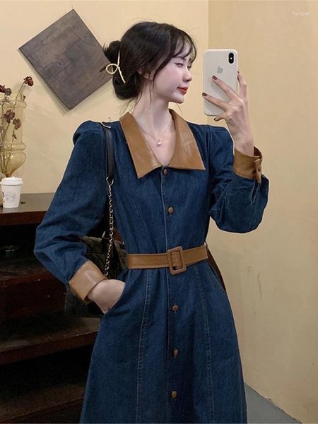 Robes décontractées Bleu Denim MAXI Lamesvintage Patchwork Patchward à manches longues Robe taille haute tempérament élégant A-Line Midi