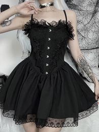 Robes Décontractées Dark Goth Lolita Gothique Garniture En Dentelle A-ligne Robe Corset Grunge E-girl Style Esthétique Black Party Sling Femmes Alt Outfits