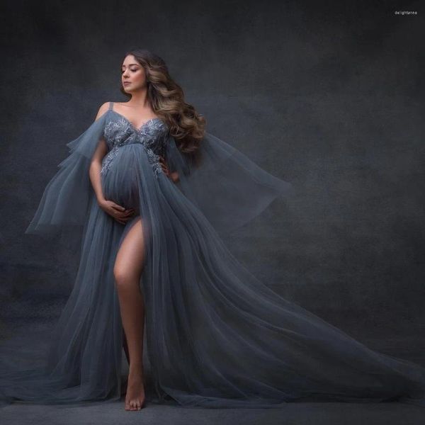 Vestidos informales Apliques de encaje gris oscuro Tul Mangas bonitas Correa de espagueti Vestido de maternidad Pografía Frente Abertura Vestidos embarazadas