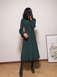 Casual jurken Dark Green Spot Print Silk Belted Pearl Decorated Midi Dress Grootte UK 8-14