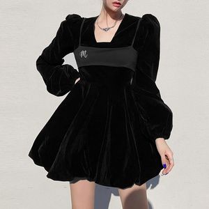 Robes décontractées Dark Metal Black Gothic Lantern Sleeve A Line Big Hem Dress Spring Shape Cute Sweet Lolita Dolls Preppy Stylish